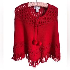 Vintage Kobe Girl Knit Red Poncho with PomPoms Size 14